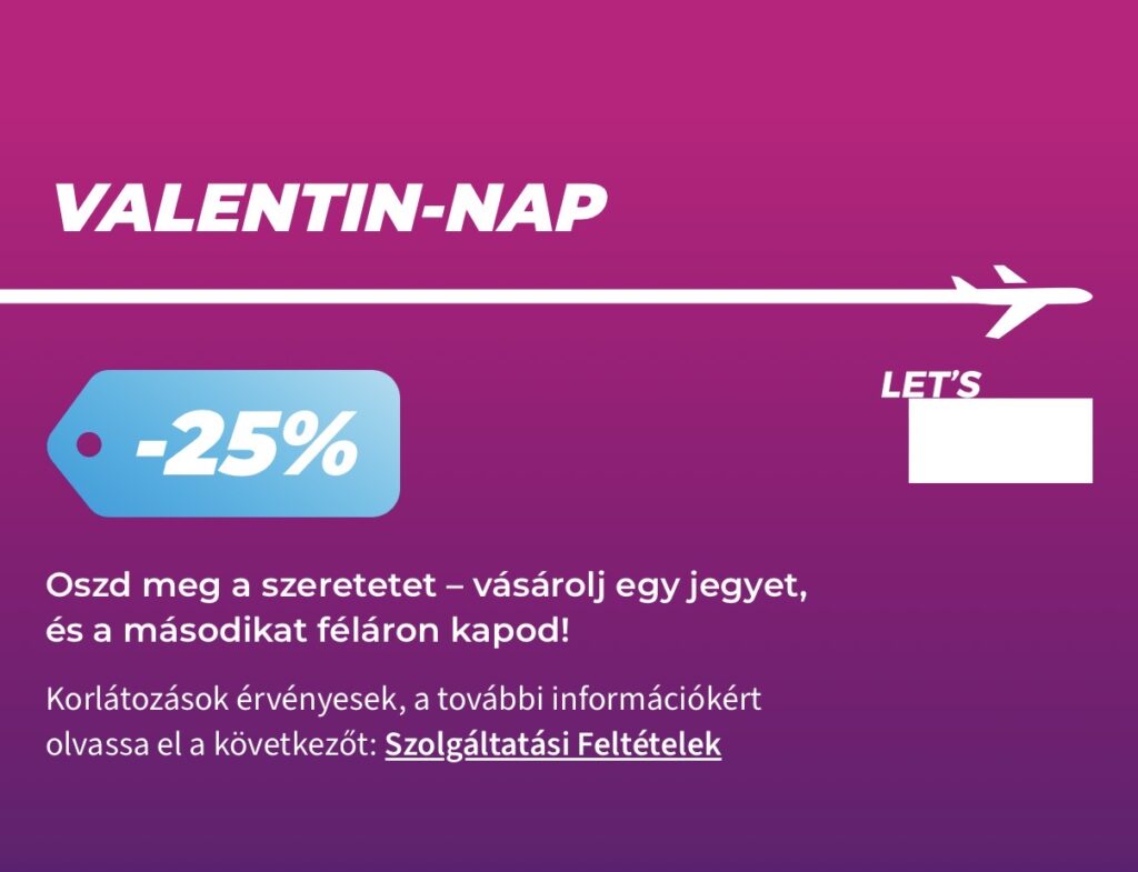Wizz Air Valentin-napi akció 2026 – 25% kedvezmény repjegyekre