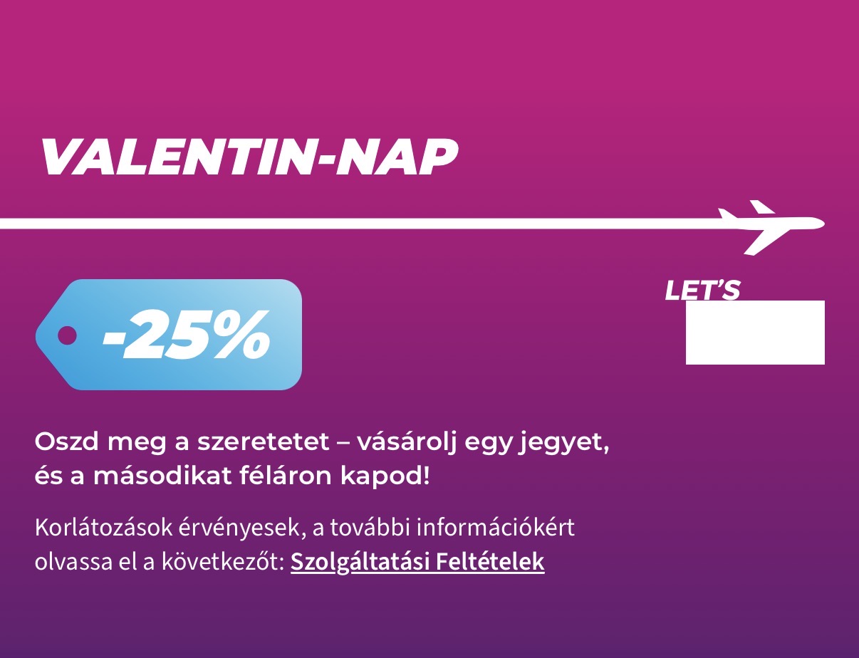 Wizz Air Valentin-napi akció 2026 – 25% kedvezmény repjegyekre